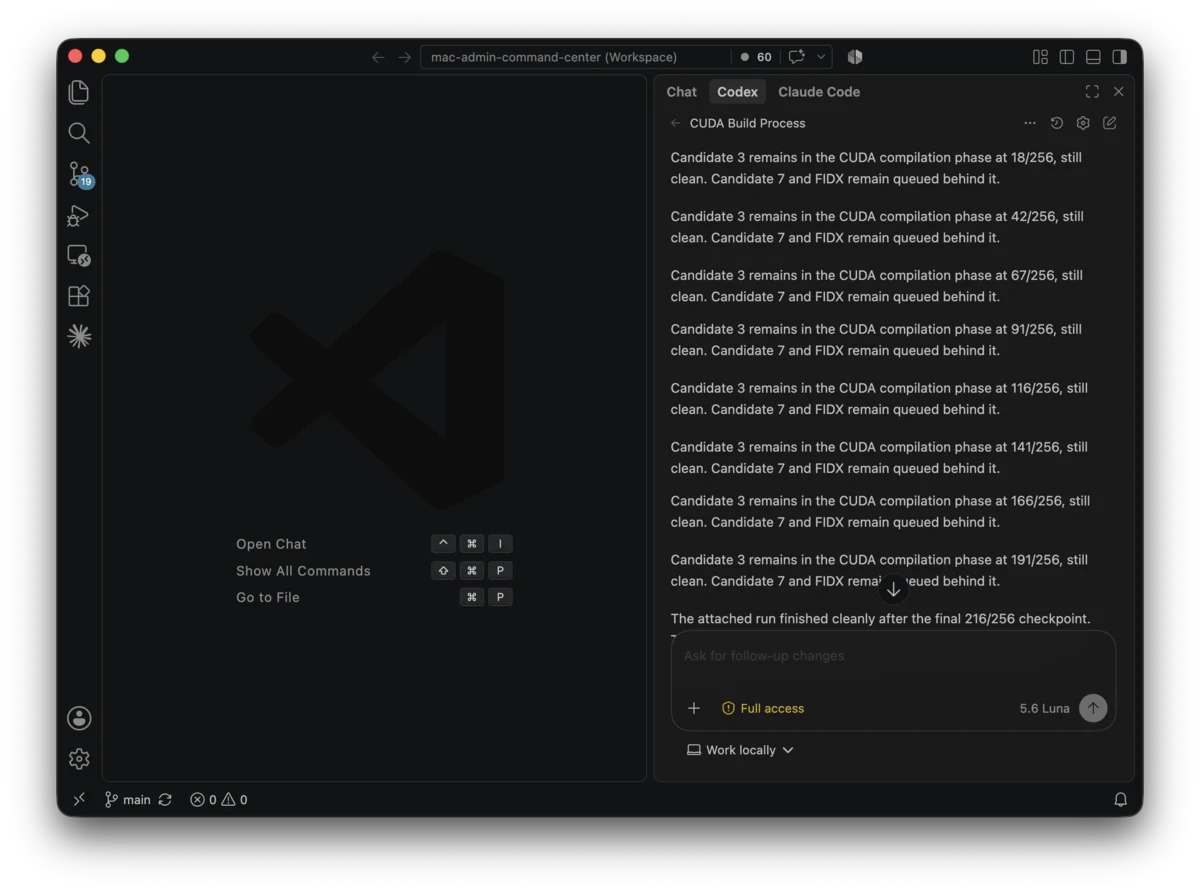 VS Code with a Codex thread repeatedly reporting progress checkpoints during a CUDA build.