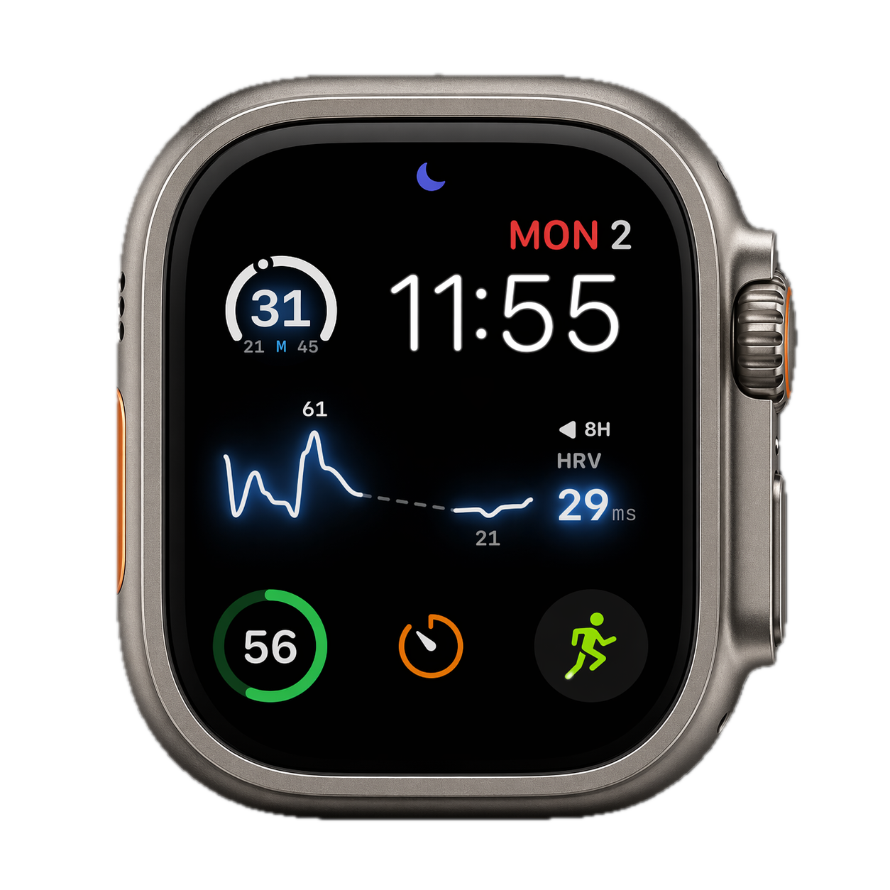 HRVSpark displayed on an Apple Watch Ultra-style case with HRV gauge and sparkline complications.
