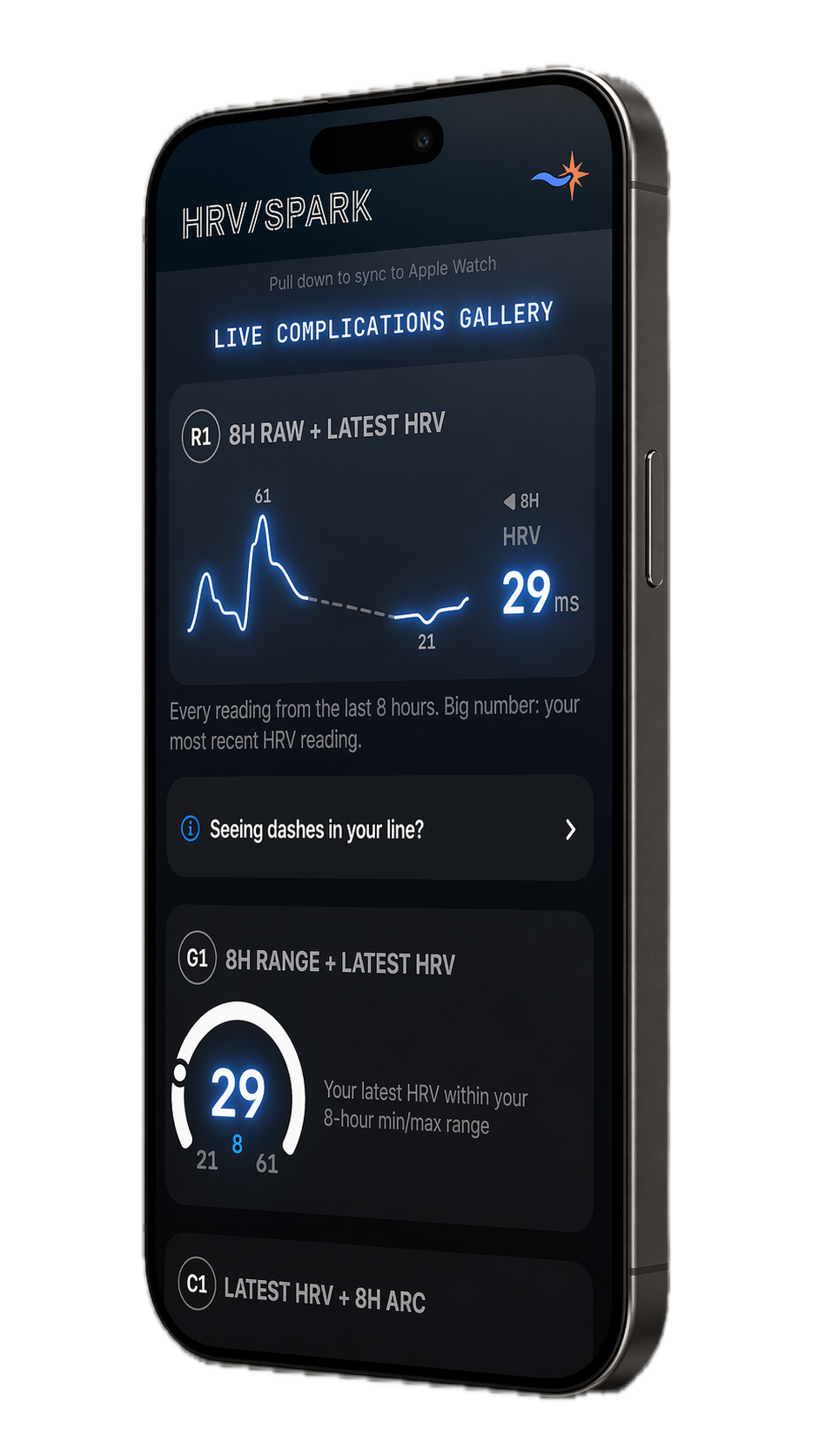HRVSpark displayed on a modern iPhone mockup with raw HRV complications.